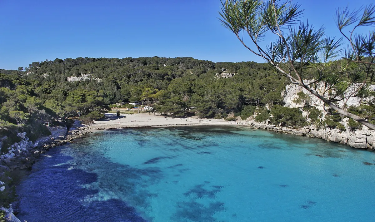 The white-sand bay of Macarella in Menorca seen from the cliffs - the road-less cove at the centre of whether are boat trips in Menorca worth it